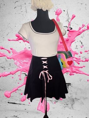 Sugar Thrillz Black Mini Skirt with Pink Lace-Up Ribbon